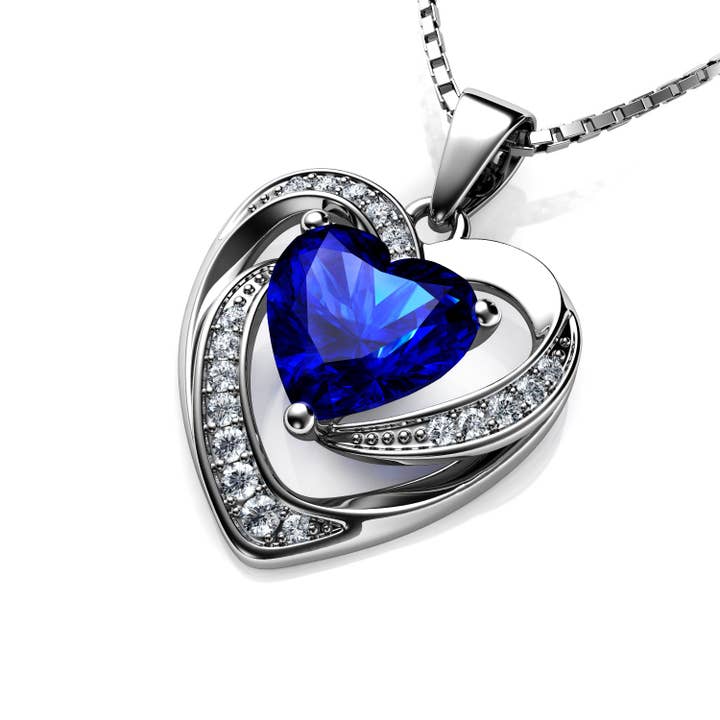 DEPHINI Blue Heart Necklace - 925 Sterling Silver Heart Pendant CZ for wholesale by DEPHINI