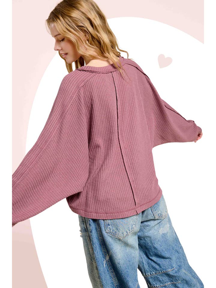 La Miel - Wholesale Knit Top - Women's - HAT7565-Brushed Waffle Fabric Loose Fit Long Sleeve Top1