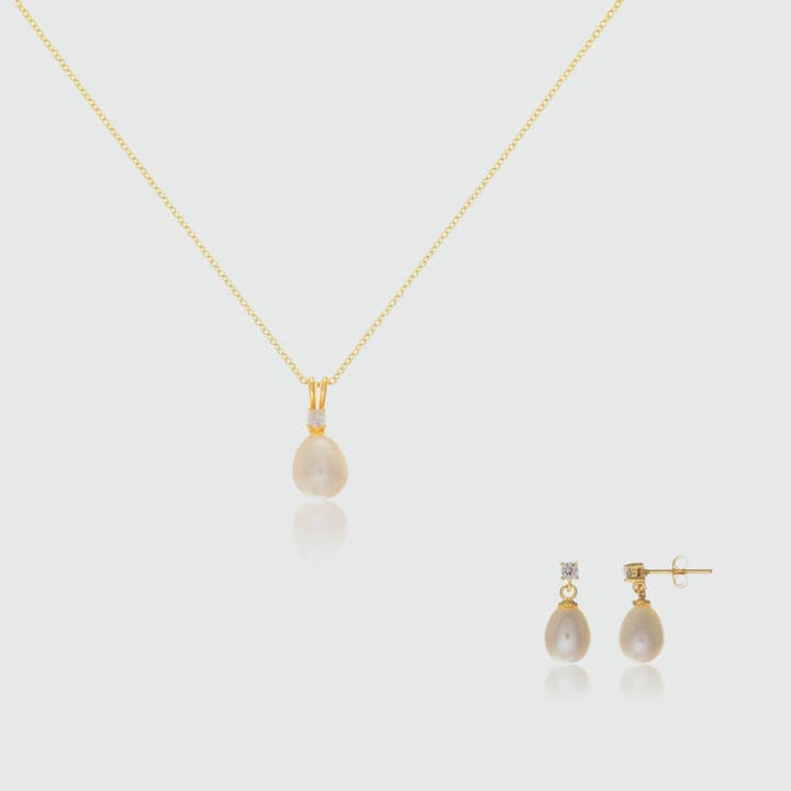 Drayton White Pearl & Cubic Zirconia Gold Vermeil Jewellery Set for wholesale by Auree Jewellery