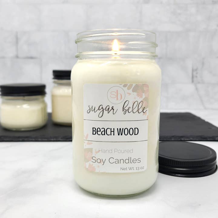 Sugar Belle - Wholesale Jar/Filled Candle - Beach Wood Mason Jar Soy Candle