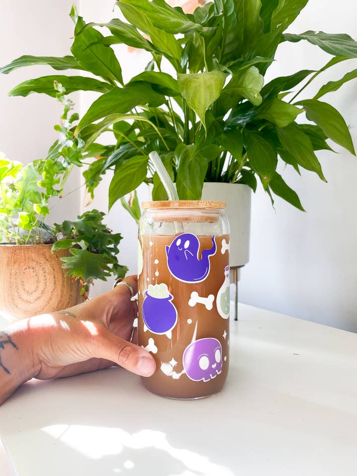 Witchy cute Glass Can with Bamboo Lid and Clear Glass Straw for wholesale by Hope and Grey Creative