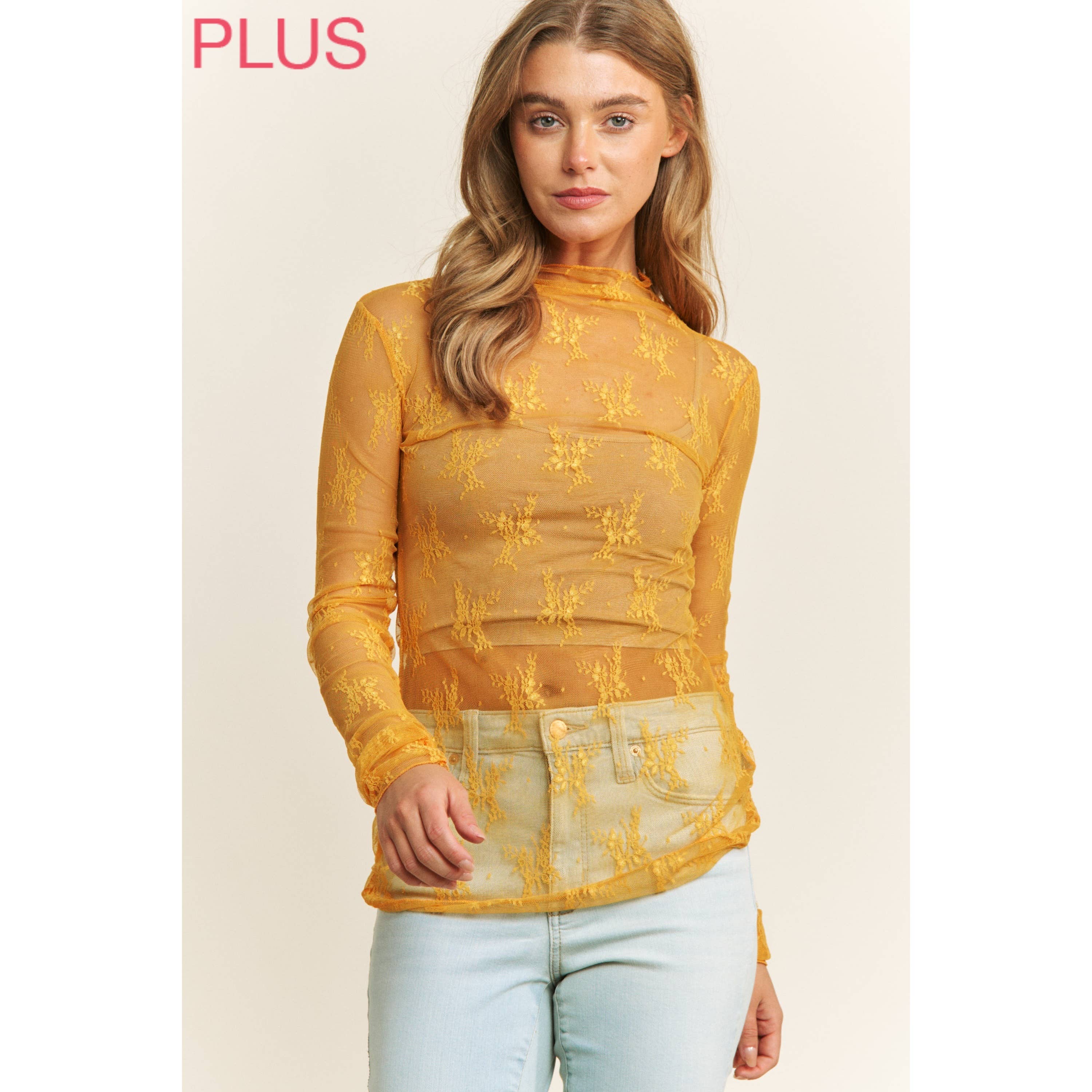 Sweet Generis - Wholesale Knit Top - Women's - PLUS MESH LACE HIGH NECK DESIGN LONG SLEEVE FITTED TOP32