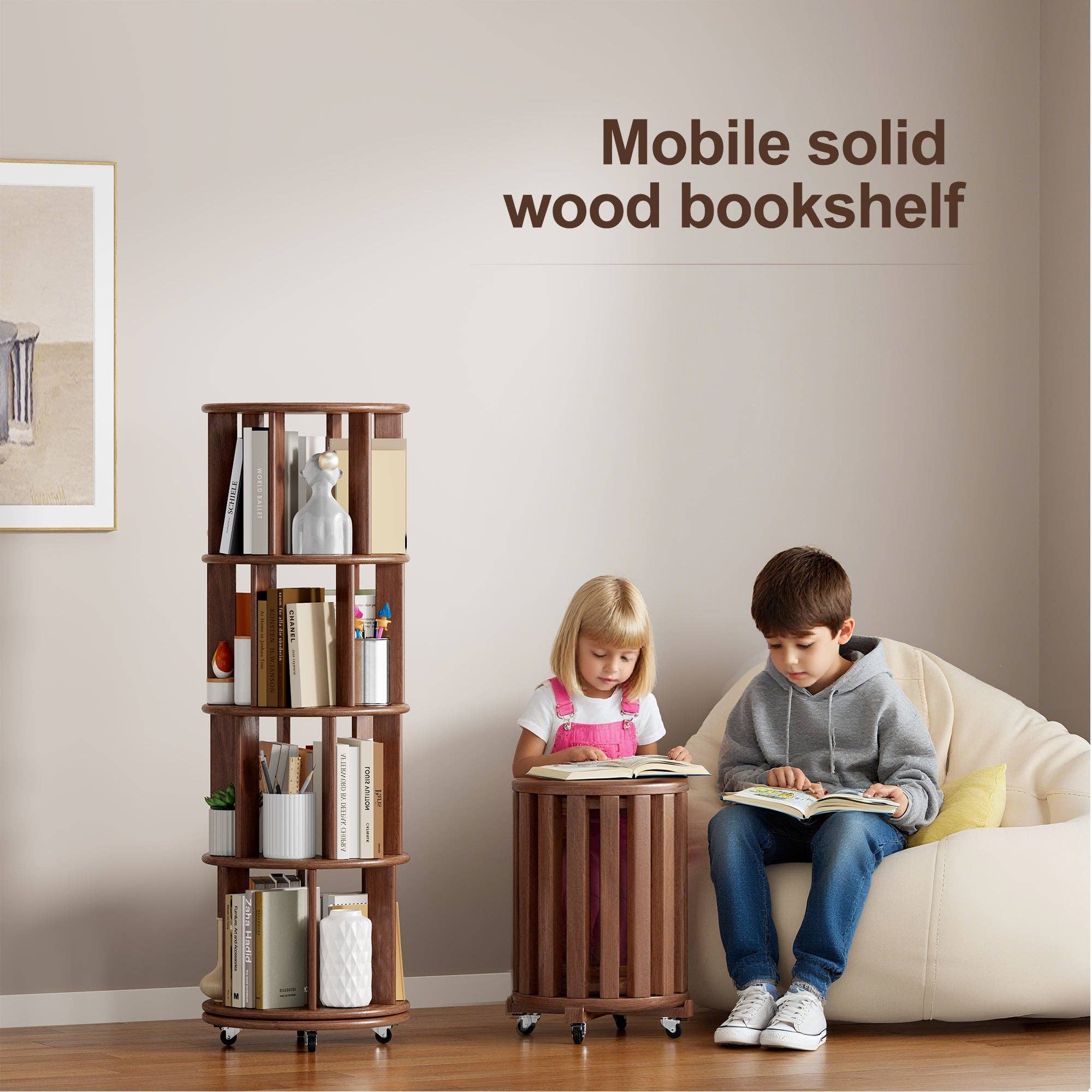 39F Inc. - Wholesale Bookcase - Walnut 4-Tier 100% Solid Wood Rotating Bookshelf with Wheel1