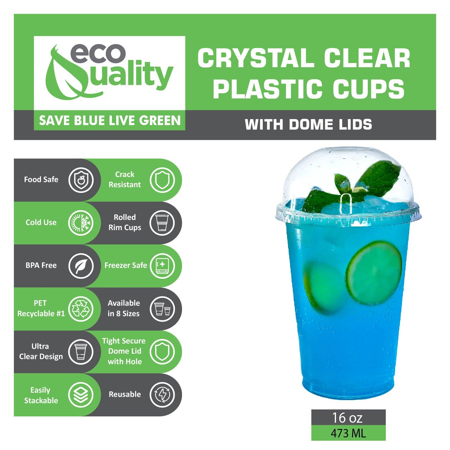 EcoQuality - Vente Gobelets jetables - Gobelets à smoothie jetables en plastique transparent pour animaux de compagnie de 16 oz avec dôme transparent1