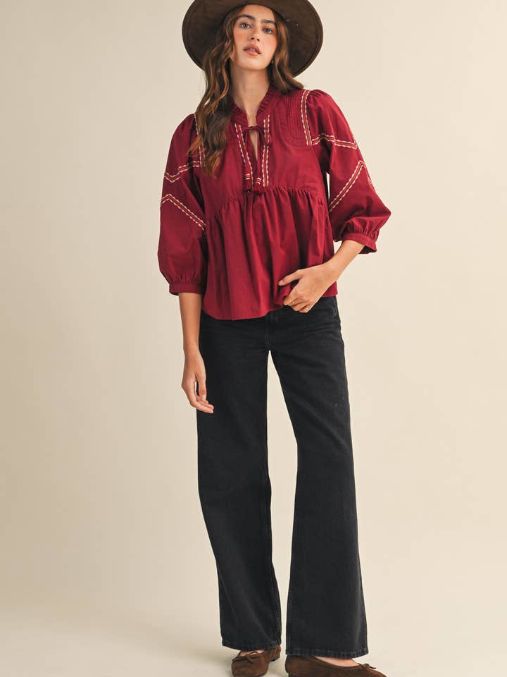&MERCI - Wholesale Blouse - Women's - EMBROIDERY TRIM BABYDOLL BLOUSE MTP414611