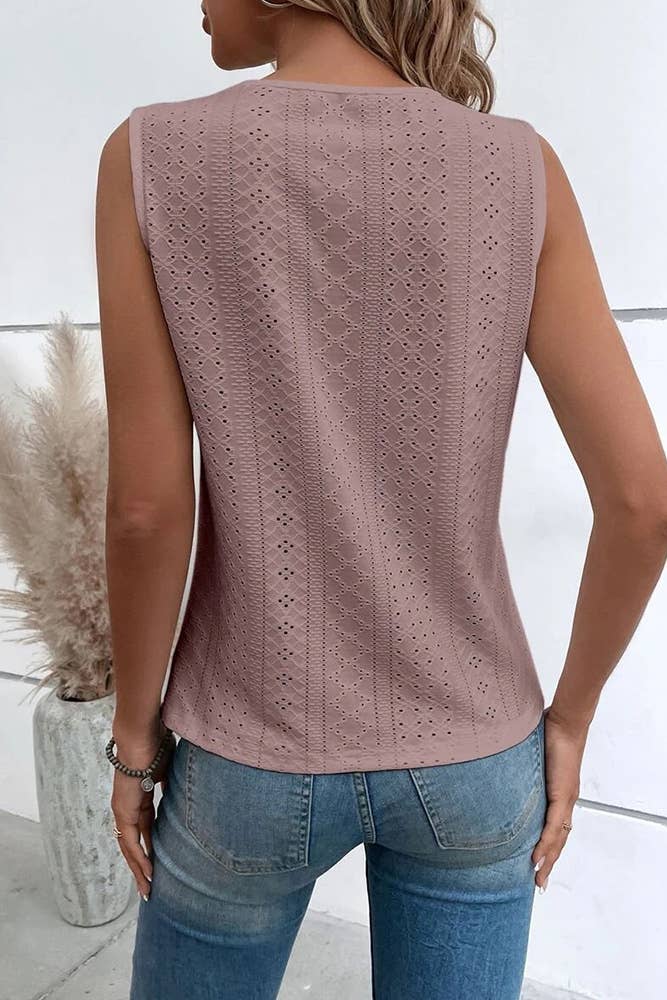 UNISHE - Venta al por mayor Blusa - Mujer - Camiseta sin mangas con cuello en V y ojales en jacquard AXR0373