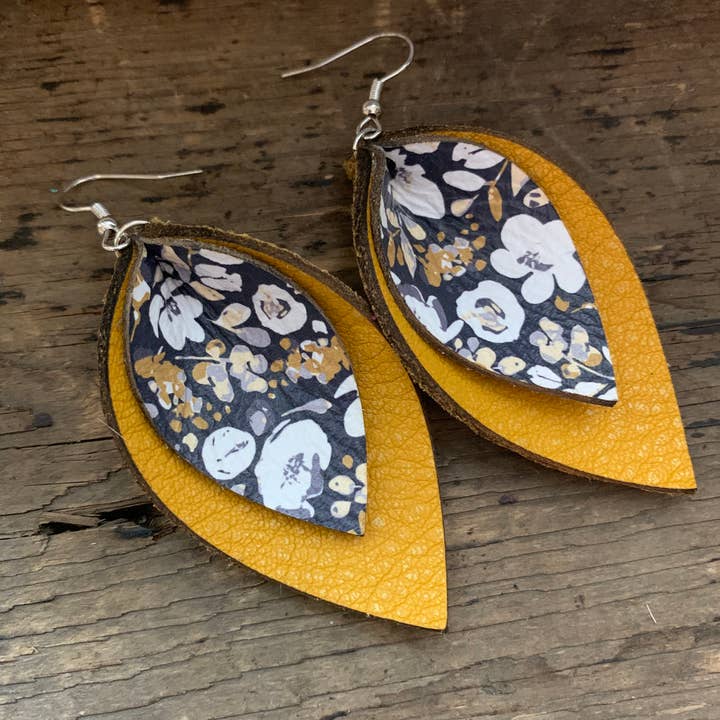 Jill's Jewels – wholesale Dangle earrings – Mustard and Blue Poppy Double Layered Leather Earrings