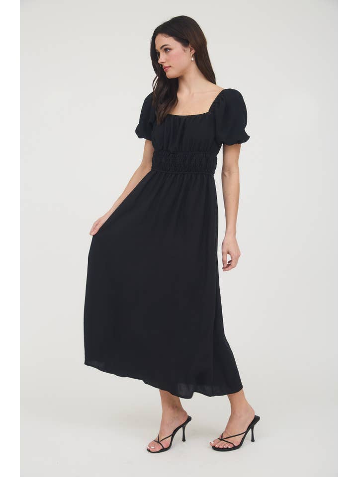 MINE – wholesale Dress – Women's – SOLID SMOCKED WAIST BALLOON SLEEVE MIDI DRESS11