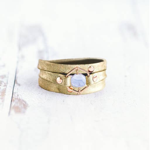 Honeycomb Wrap Leather Bracelet-Rose Gold-Blue Lace Agate for wholesale by Giving Bracelets