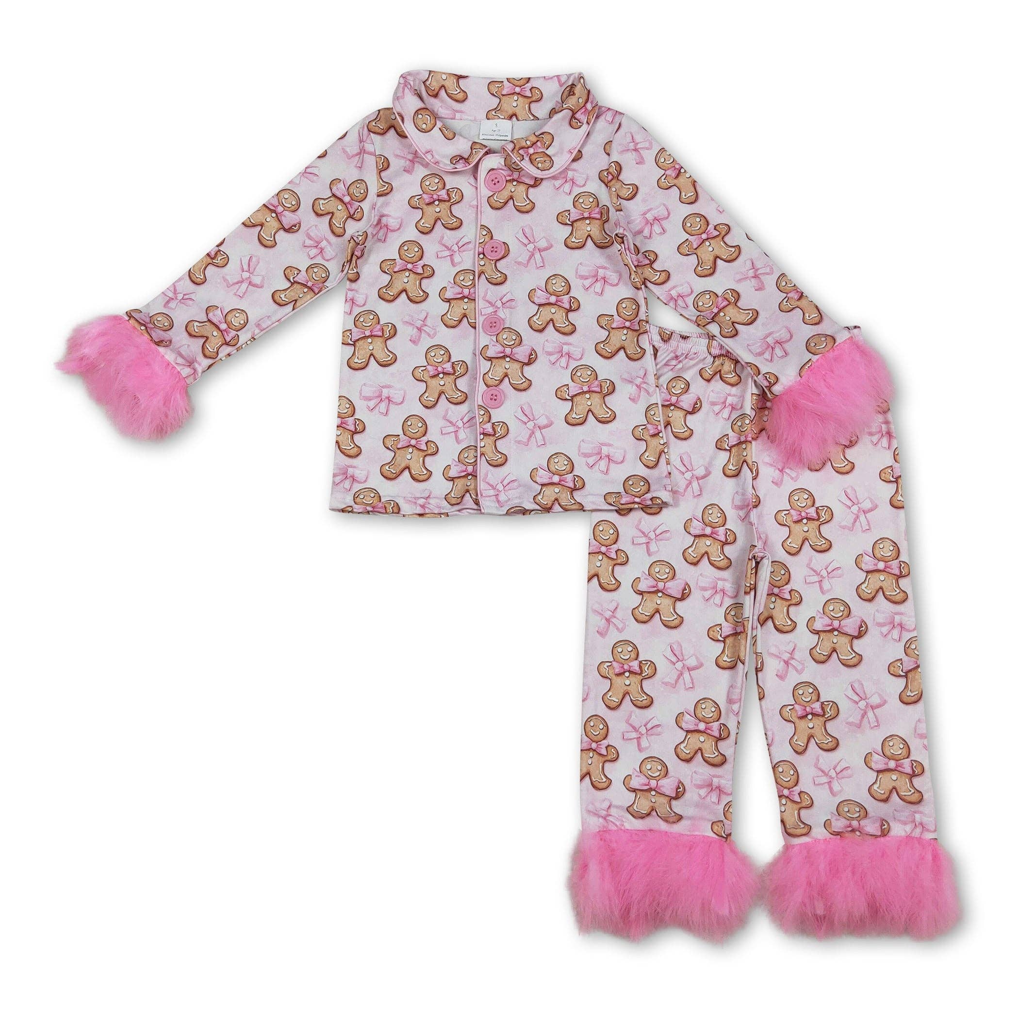 Yawoo Garments - Wholesale Sleepwear Set - Kids - Pink fur gingerbread bow girls Christmas button down pajamas