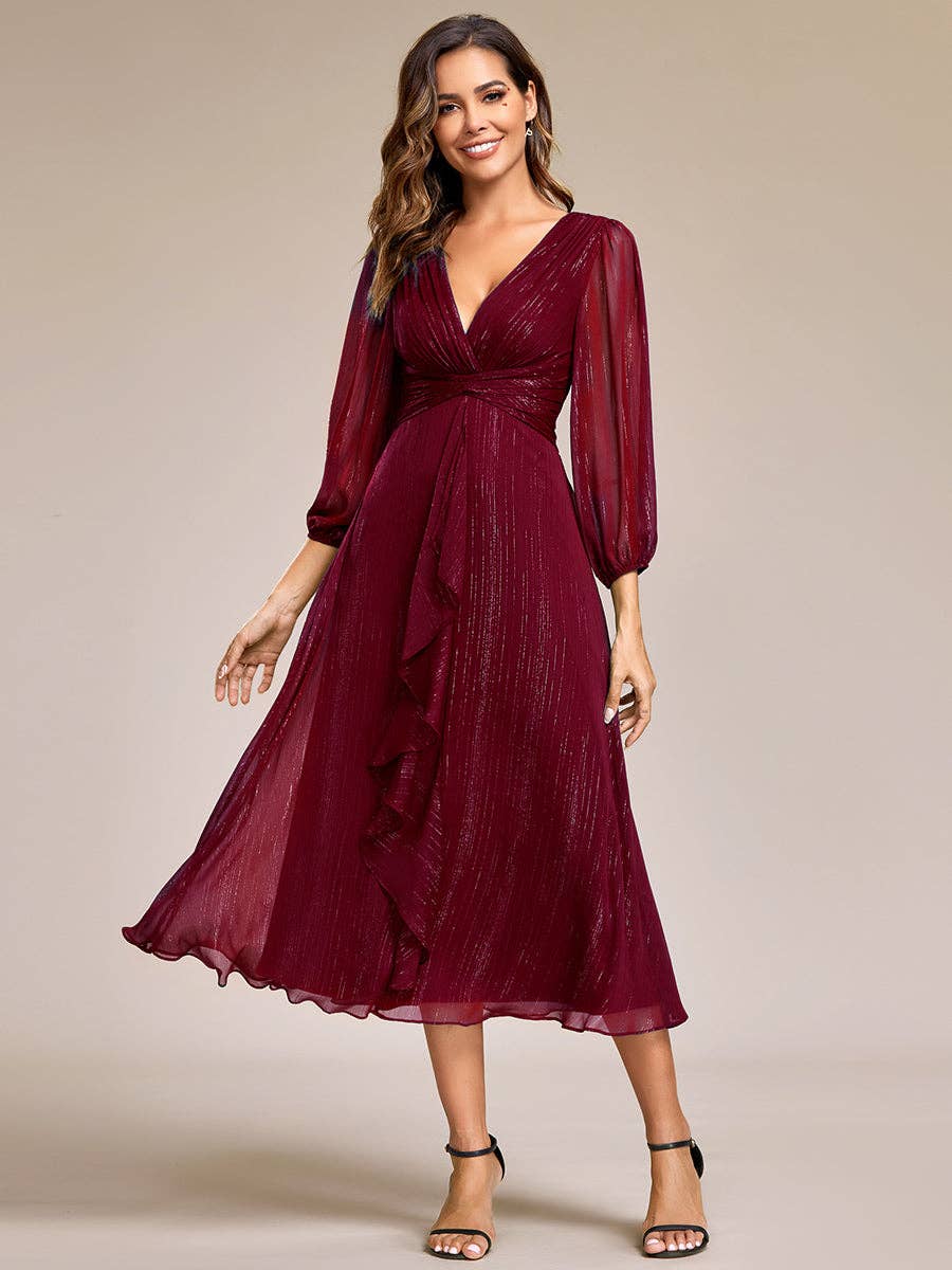 Ever-Pretty - Vente Robe de soirée – femme - Robe scintillante en mousseline pour invitée de mariage à manches longues10