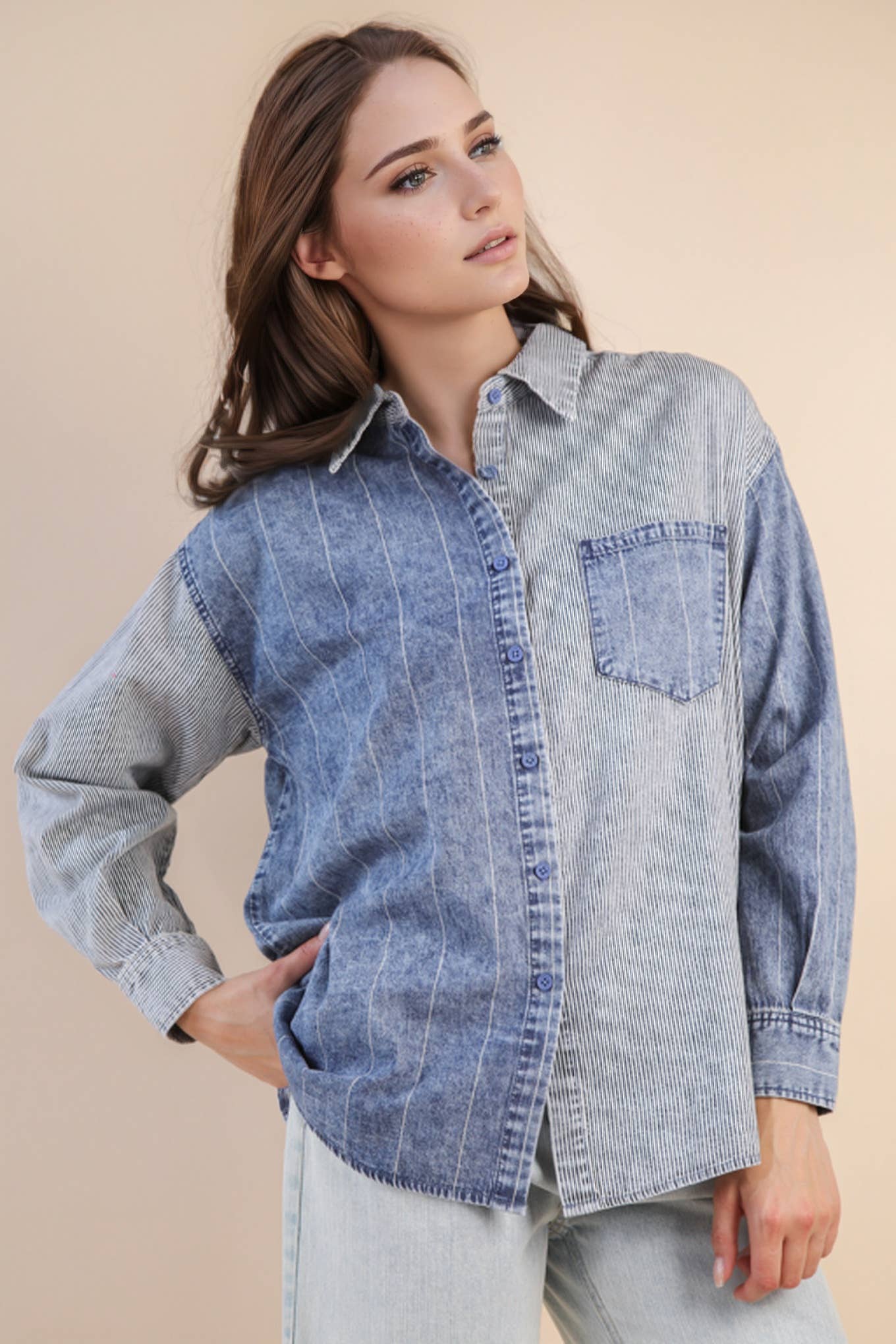 VERY J - Wholesale Button Down Shirt - Women's - NT12282-Mineral Washed Colorblock Striped Shirt Top1