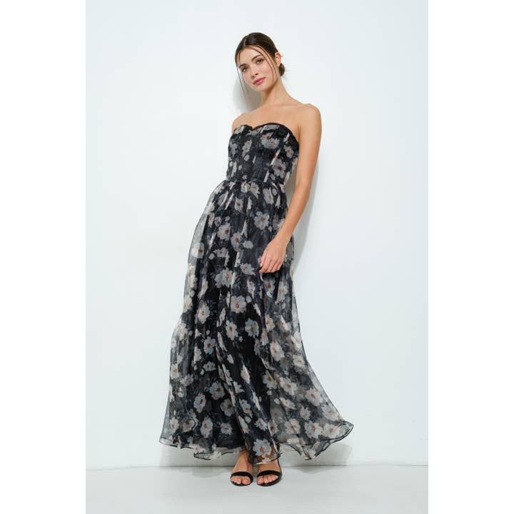 TAUPE BLACK Strapless Floral Maxi Dress with Corset Bodice for wholesale on Faire