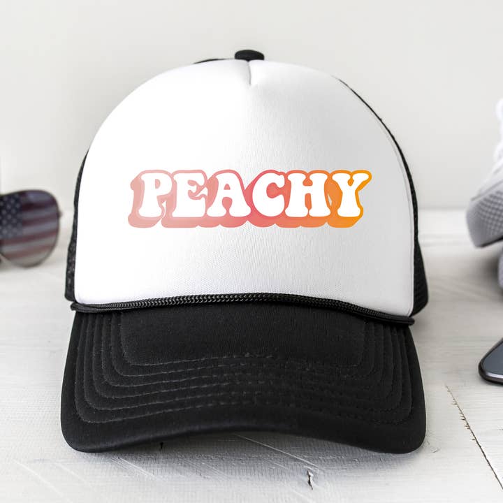 Peachy Black and White Trucker Hat Georgia Peaches Retro Hat for wholesale by Rising Tide Vintage