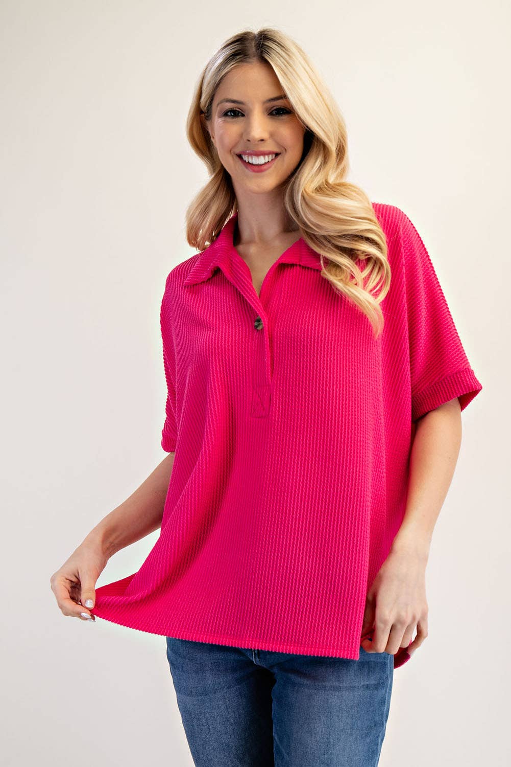 Celeste Clothing - Wholesale Knit Top - Women's - PLUS SIZE RIB KNIT COLLARED TOP WITH SHORT SLEEVES -CT2391311