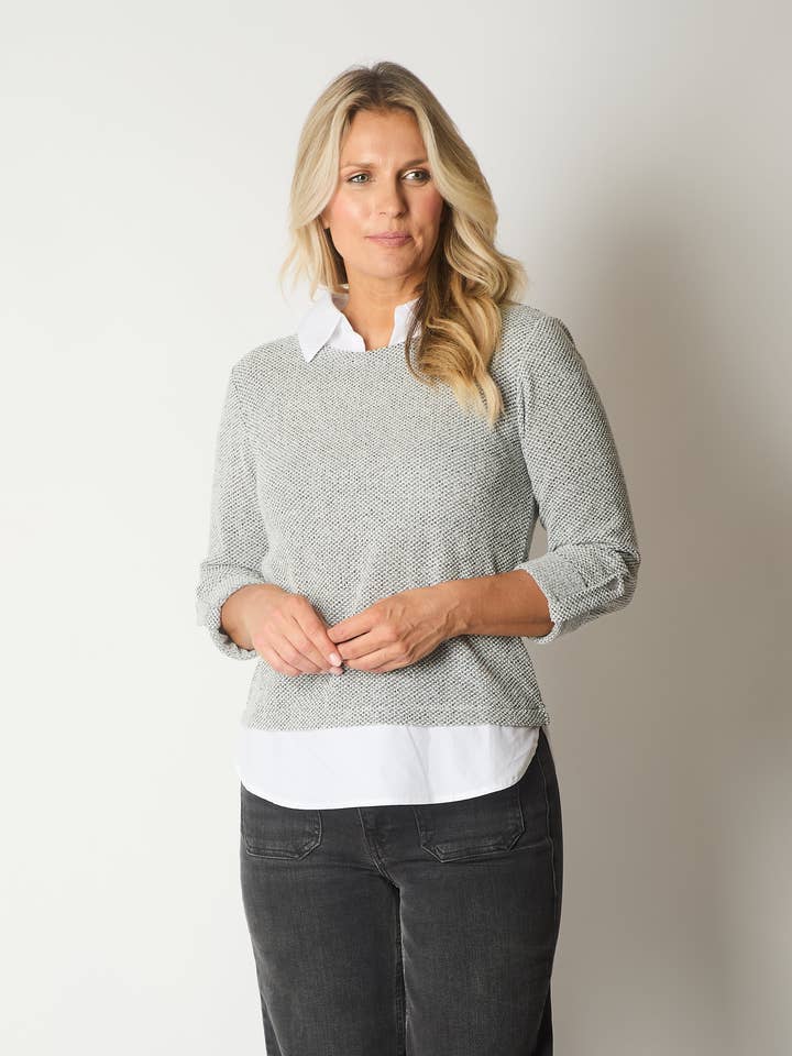 Textured Knit Jumper with Contrast Collar and Hem - Grey for wholesale by SOLO