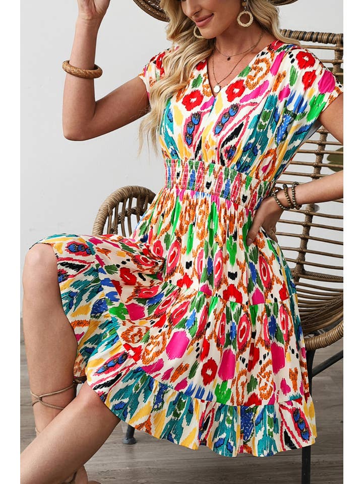 Sky Blue Abstract Print V Neck Dolman Sleeve Ruffle Tiered Mini Dress for wholesale on Faire