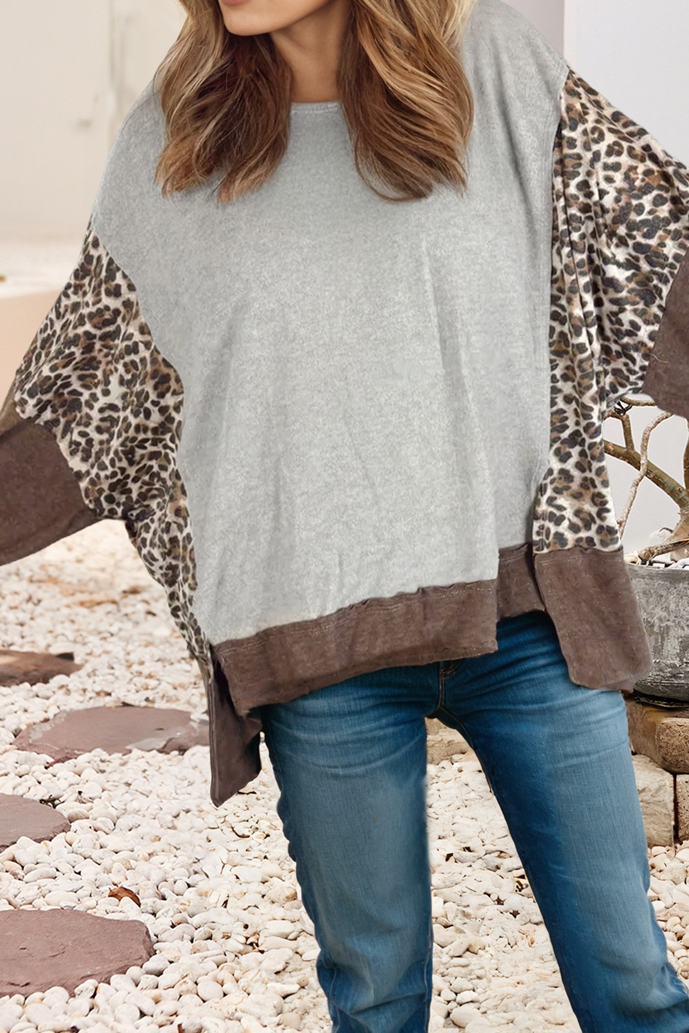 Gray LDC Plus Size Leopard Colorblock Patchwork Dolman Sweatshirt for wholesale on Faire2