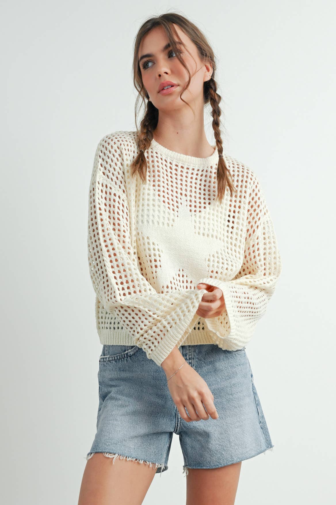 BUTTERMELON - Wholesale Knit Sweater - Women's - Crew Neck Crochet Sweater - BMW763324