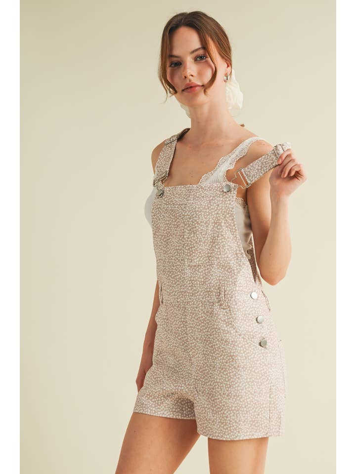 Beige CR13614 - FLOWER PRINT OVERALL ROMPER for wholesale on Faire