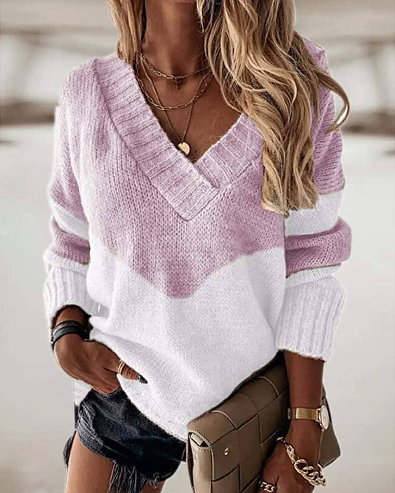 Fashion Combination - Vente Pull en maille – femme - pull en tricot à manches longues et col en V colorblock11