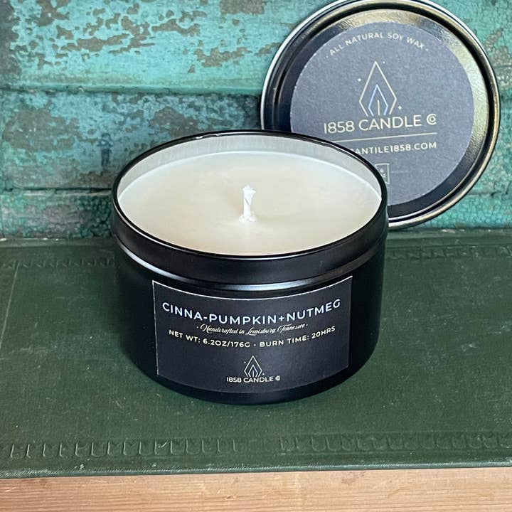 Cinna-Pumpkin + Nutmeg 6oz Candle in Travel Tin for wholesale by 1858 Candle Co
