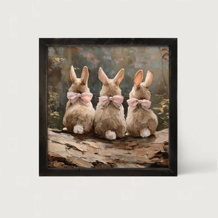 Bunnies with Pink Bows in Forest for wholesale by ginger blue