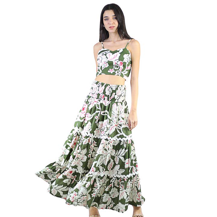 Conjunto de 2 Peças Feminino com Top Cropped Floral com Elástico e Saia Maxi com Fenda Frontal em Camadas por atacado de Artyska