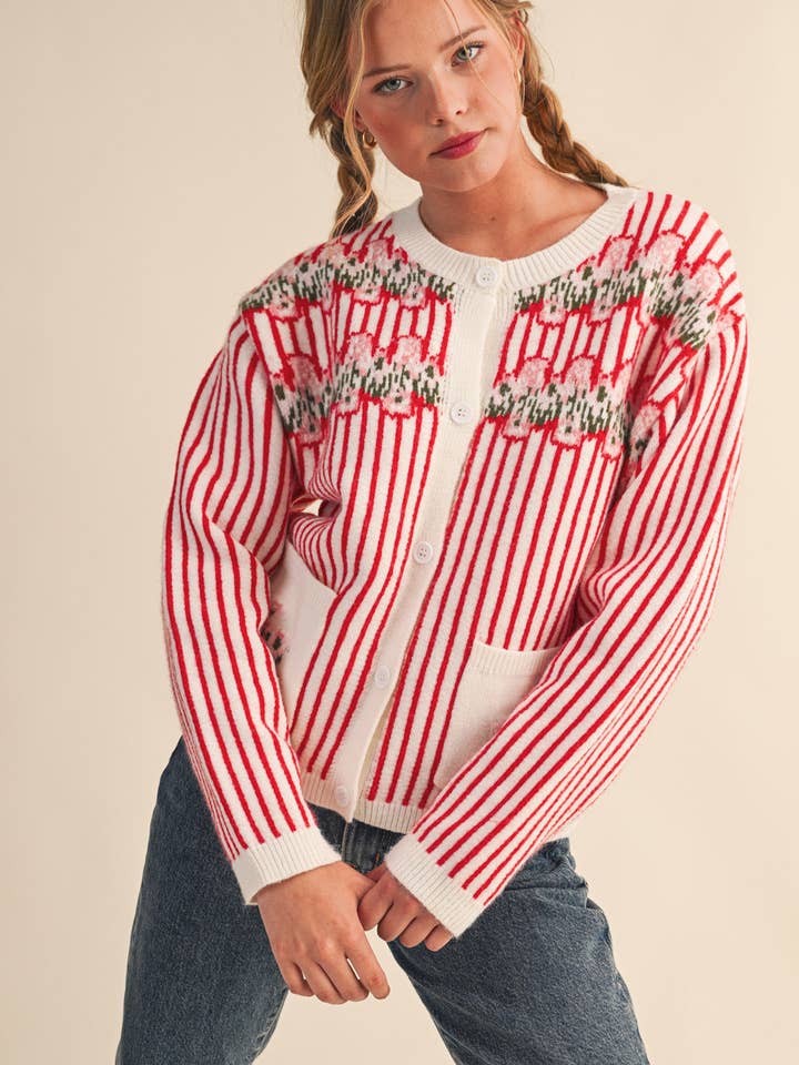 &MERCI - Wholesale Cardigan - Women's - STRIPED FLORAL SWEATER CARDIGAN MSW1105816