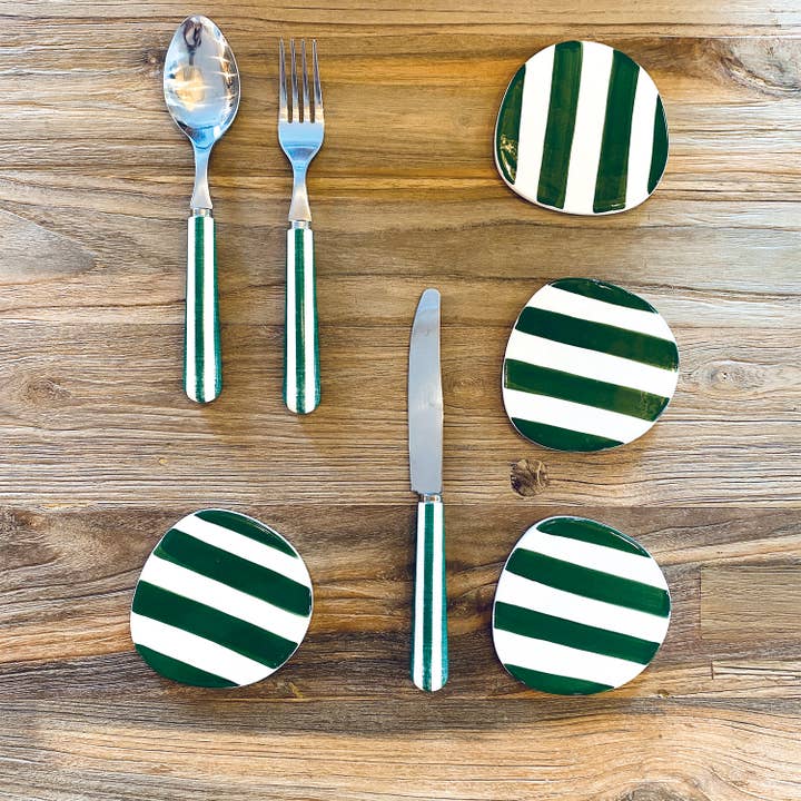 Opjet Paris - Wholesale Coasters - Set of 4 green striped coasters D10 H0.6cm2