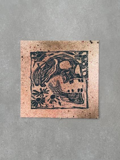 Skull and Daisies Halloween Linocut Art for wholesale by Jane Martin, Printmaker