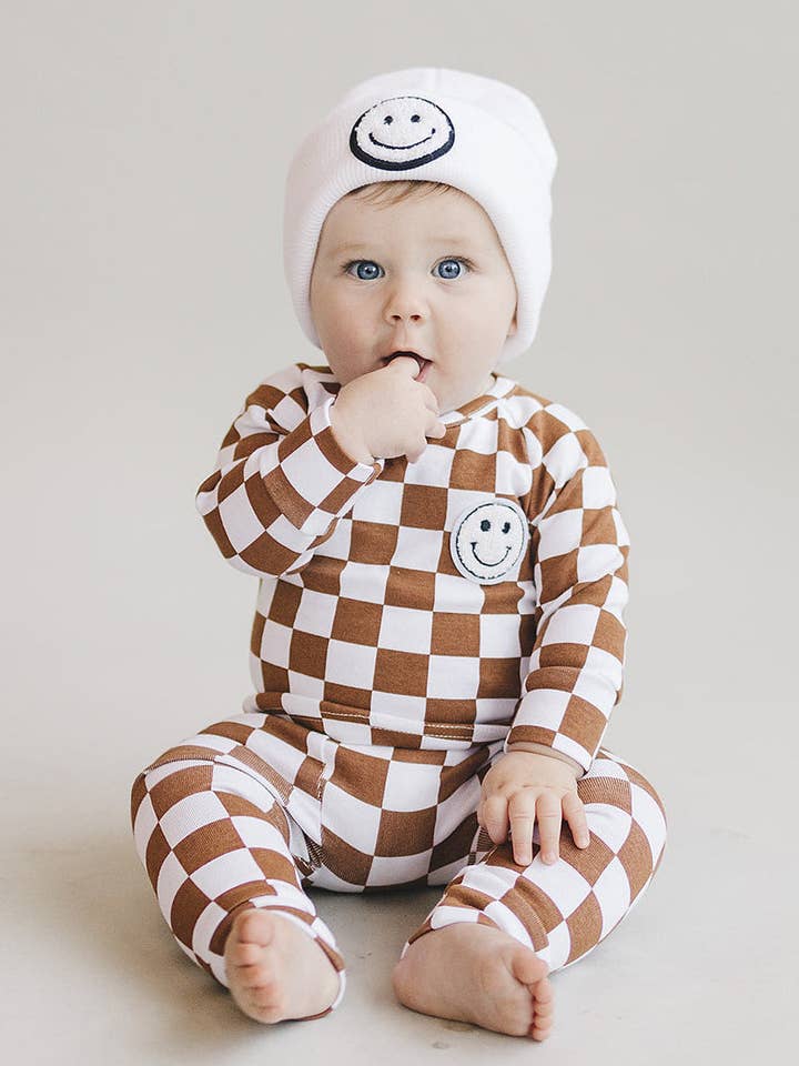 Checkered Smiley Lounge Set | Copper for wholesale by Lucky Panda Kids