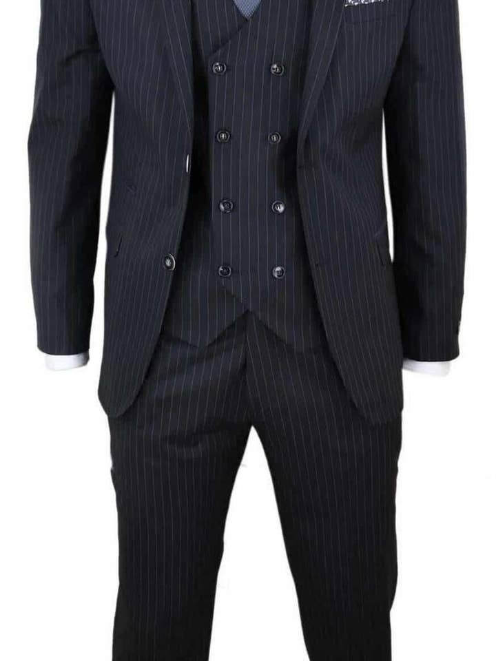 Men's 3 Piece Black Pinstripe Retro Suit for wholesale on Faire