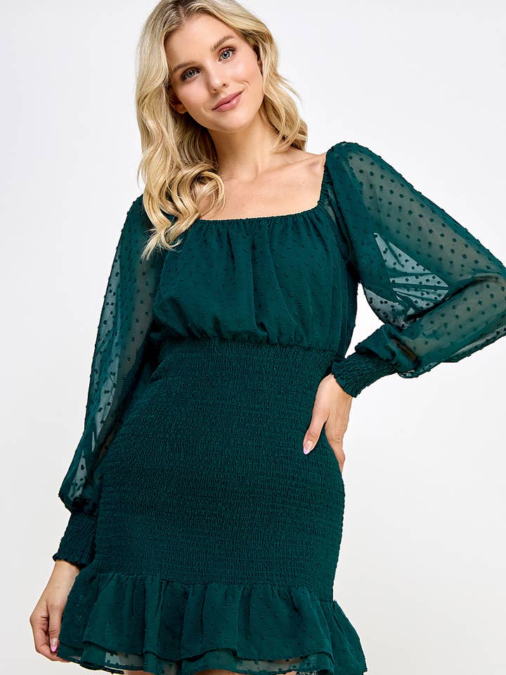 Roselyn Smocked Dot Chiffon Kjole for engroshandel hos Sweet Lemon