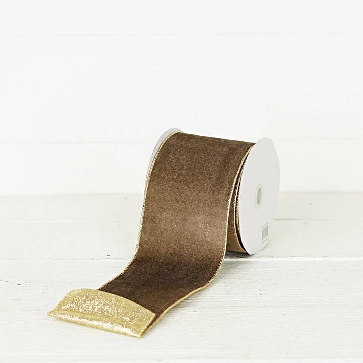 Impressive Enterprises, Inc. - Wholesale Ribbon - Gift Wrapping - 57R0952 - 4inWx10Yard Wired Ribbon-Cappuccino Velvet/Gold Wi2