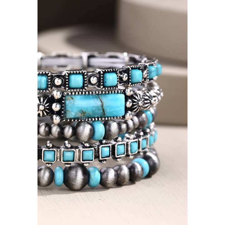 Turquoise SBTQ Layered Semi Stone & Metal Bead Bracelet for wholesale on Faire