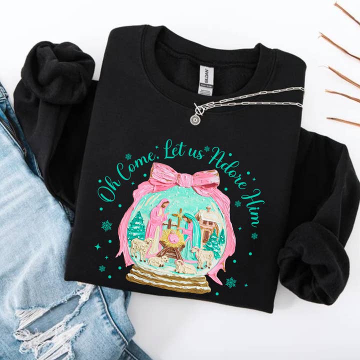 Posh Magnolia Boutique - Wholesale Graphic Sweatshirt - Women's - Oh Come Let Us Adore You Preppy Christmas Sweatshirt 1
