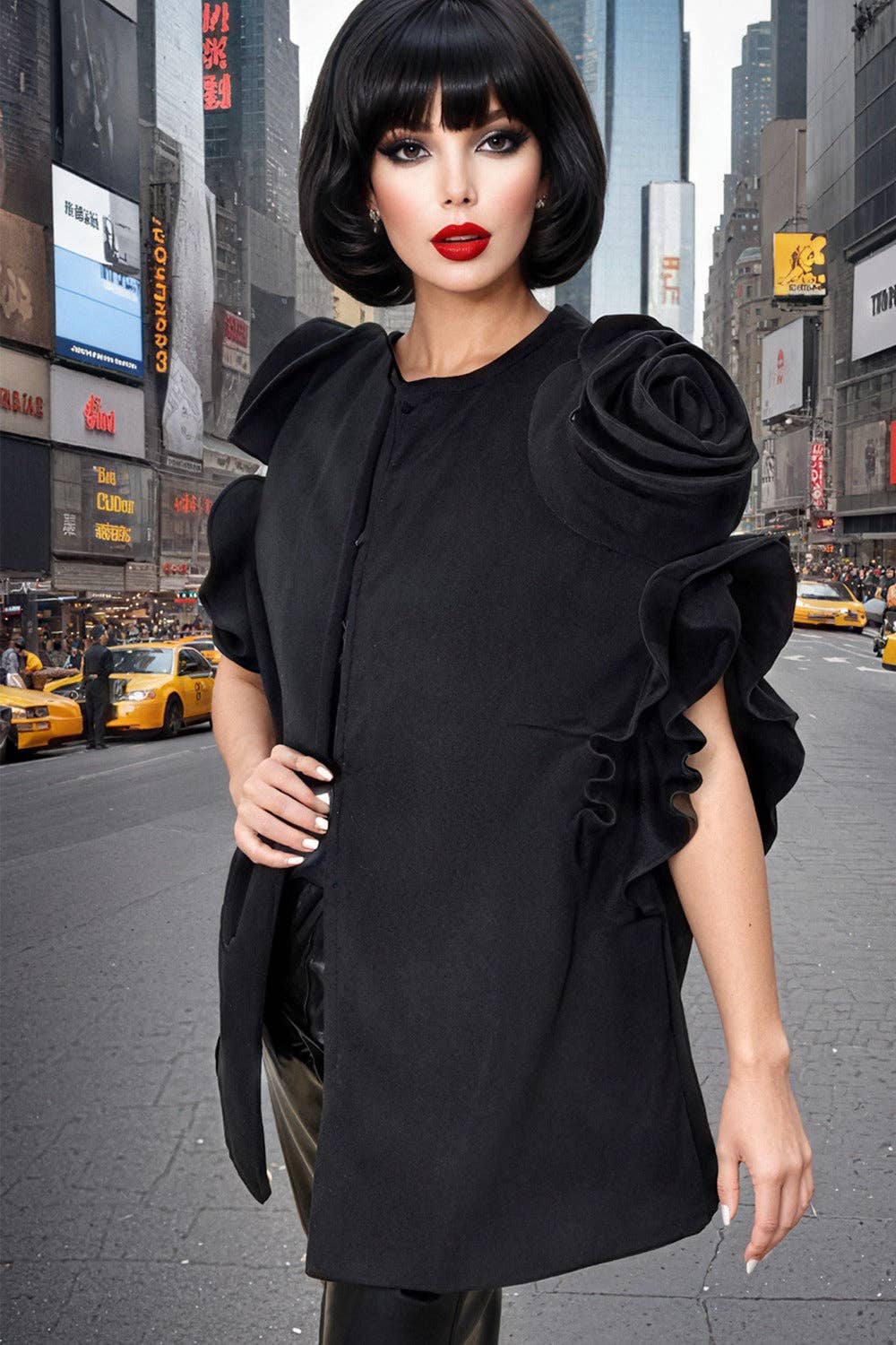 N by Nancy - Wholesale Cape - Women's - T2551 ROSE-SLEEVE CAPE COAT (RED, BLK)4