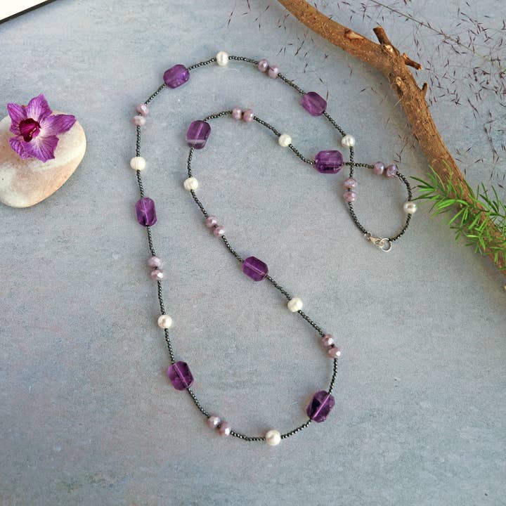 Amethyst, Crystal, and Freshwater Pearl Necklace. for wholesale by IST Jewelry