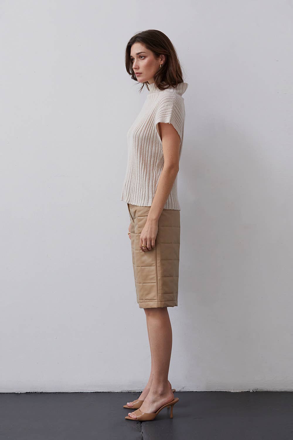 BEIGE CP8184 - Amanda Vegan Pu Leather Bermuda Quilted Shorts for wholesale on Faire6