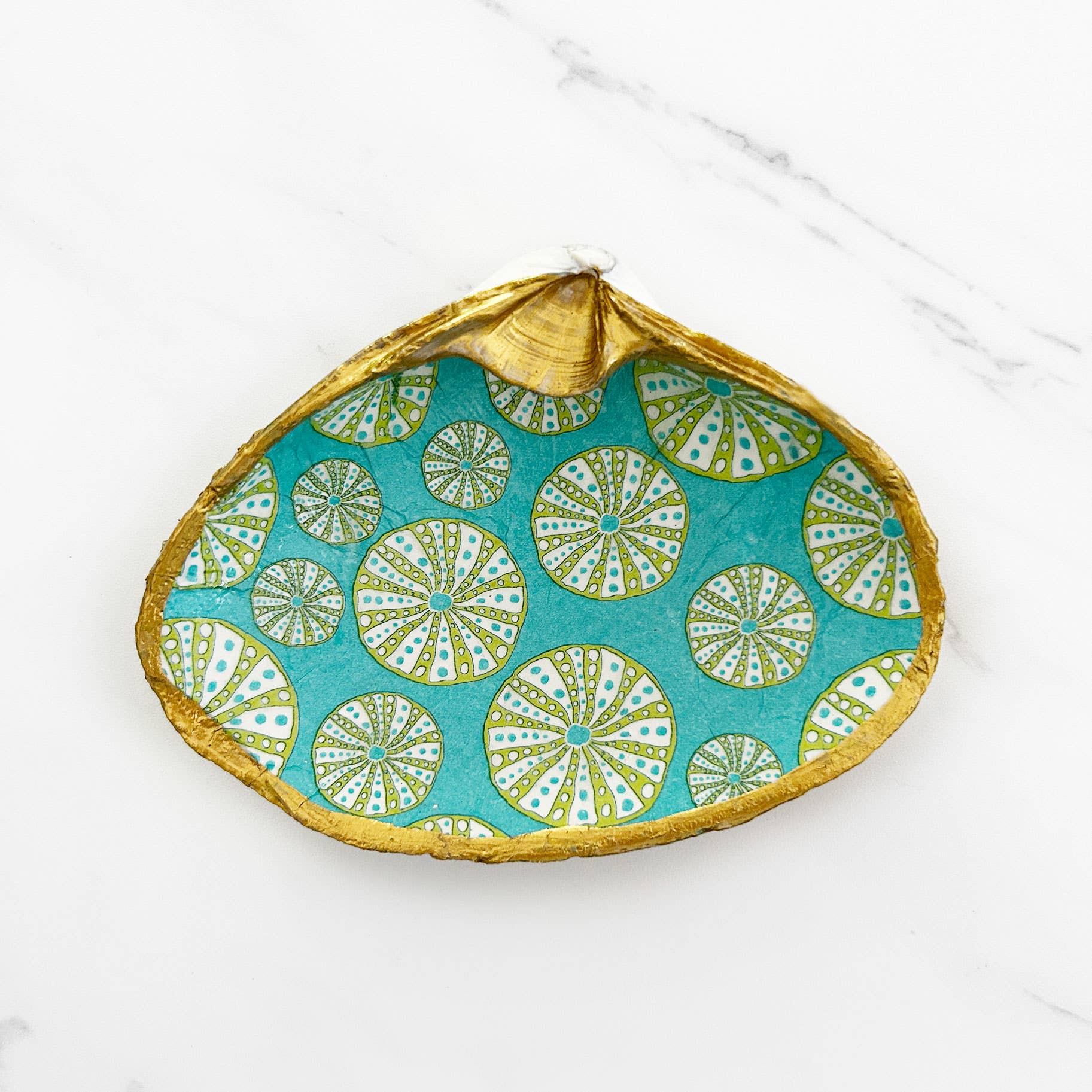 Adori Designs - Wholesale Jewelry Dish - Sea Urchin Teal Background Decoupage Clam Shell Trinket Dish2