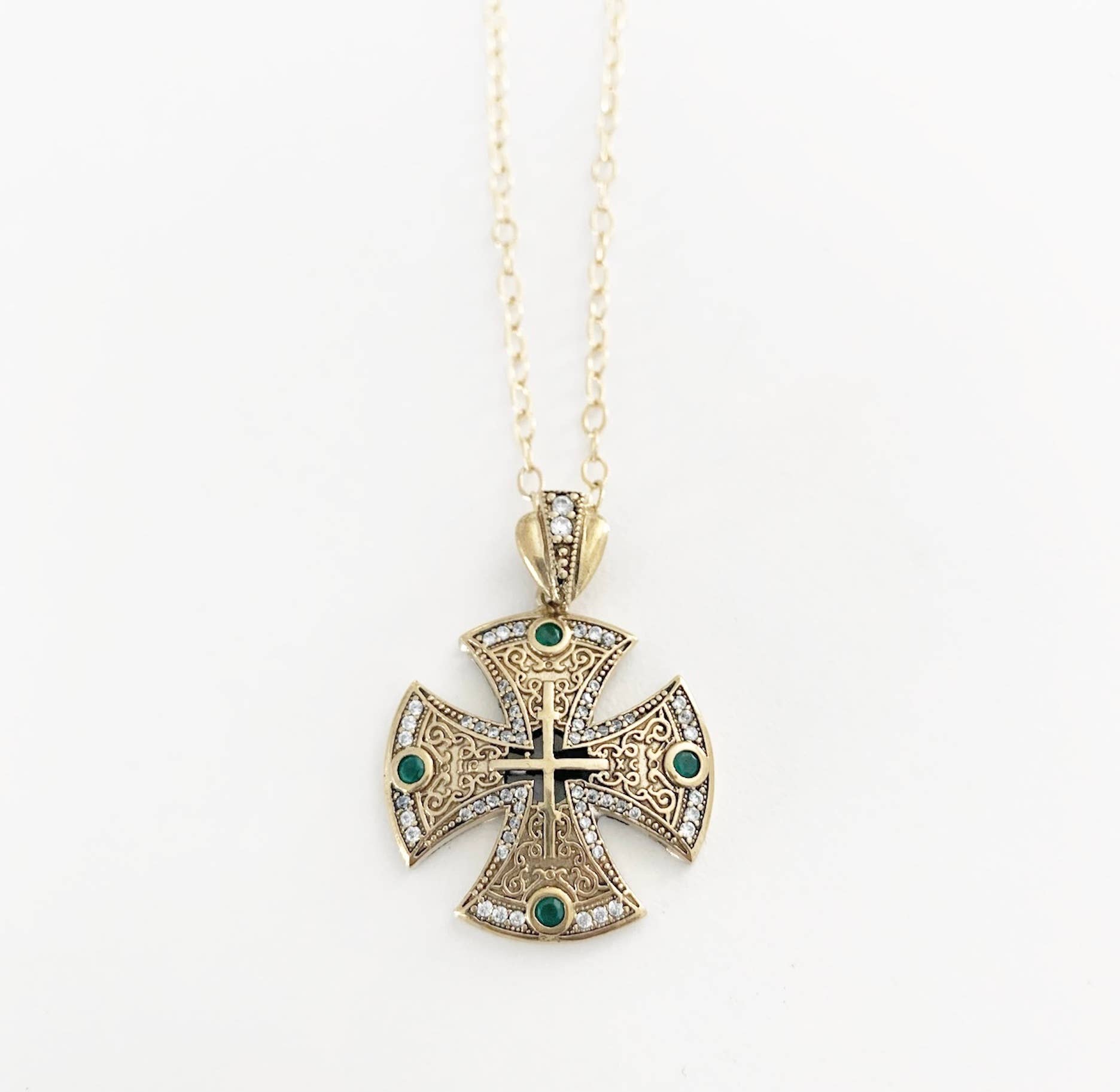 O.H.M. Jewelry - Wholesale Pendant/Charm Necklace - Emerald Turkish Canterbury Cross Gold Necklace0