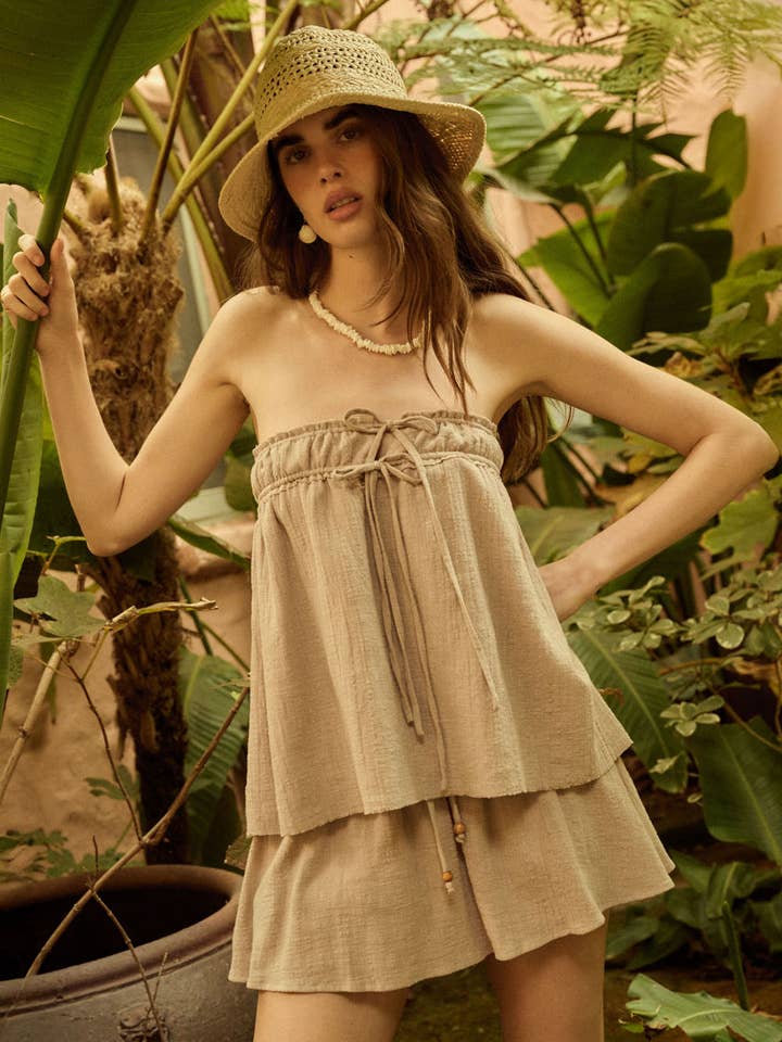 Top Babydoll Sem Alças com Cordão em Algodão Texturizado por atacado de Promesa USA