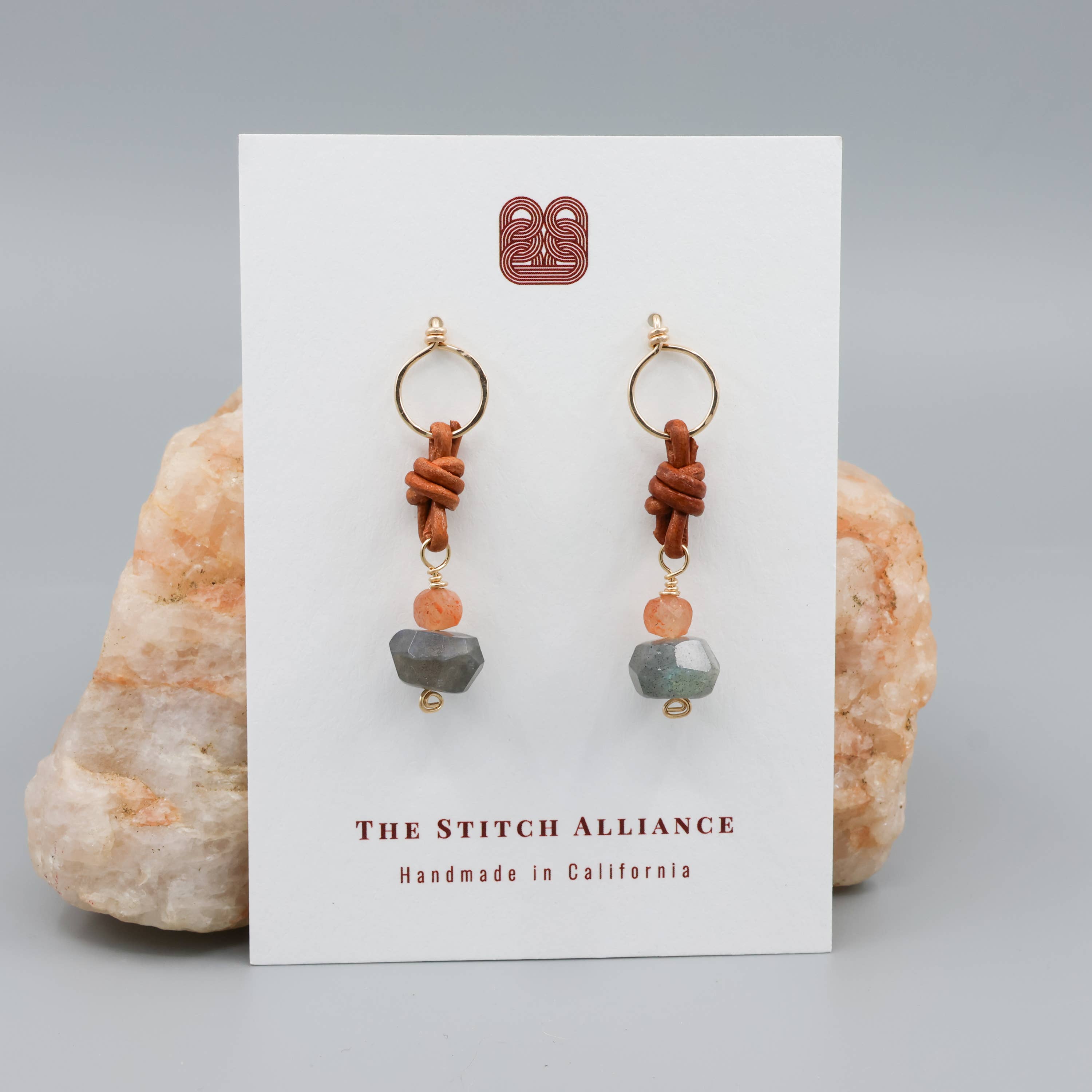 The Stitch Alliance - Wholesale Dangle Earrings - Labradorite & Sunstone Drop Earrings 14k Gold Fill Leather4