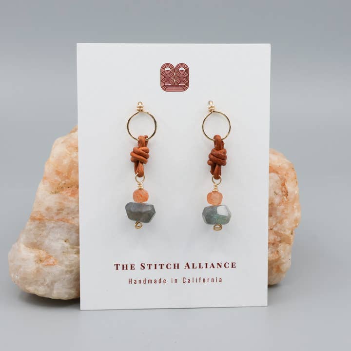 The Stitch Alliance - Wholesale Dangle Earrings - Labradorite & Sunstone Drop Earrings 14k Gold Fill Leather4