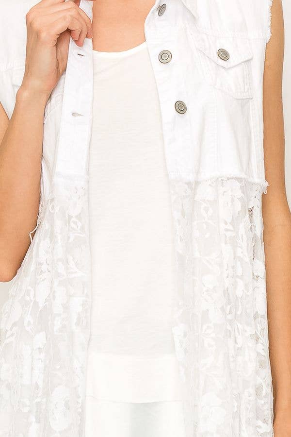 CROPPED DENIM VEST WITH LACE LAYER - 4506 IVORY for wholesale on Faire0