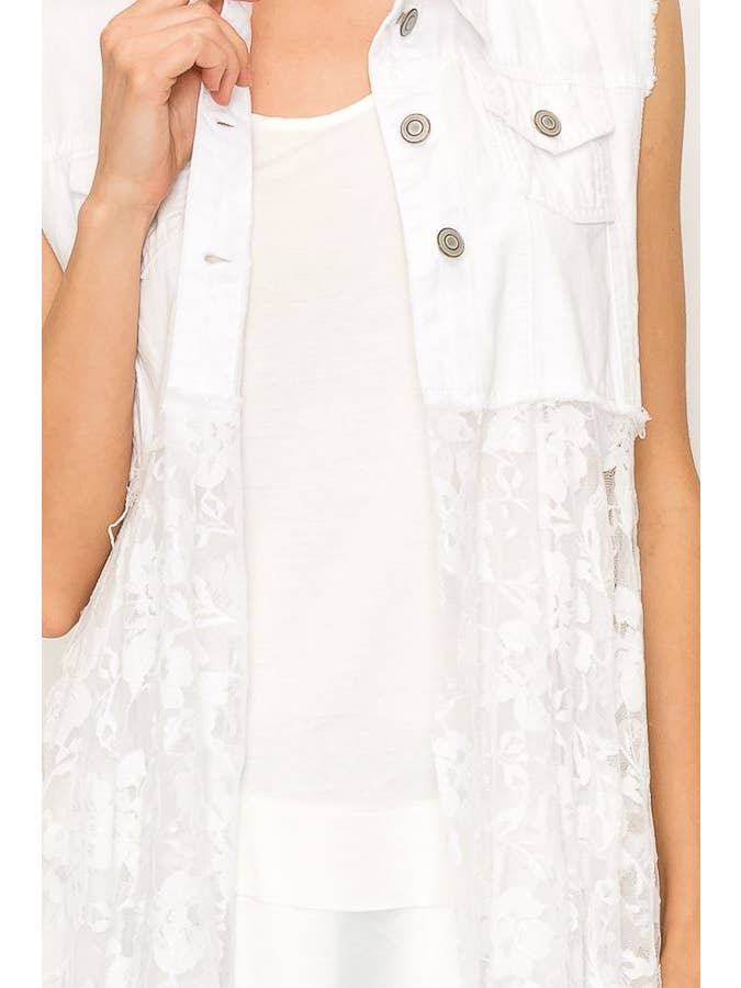 CROPPED DENIM VEST WITH LACE LAYER - 4506 IVORY for wholesale on Faire