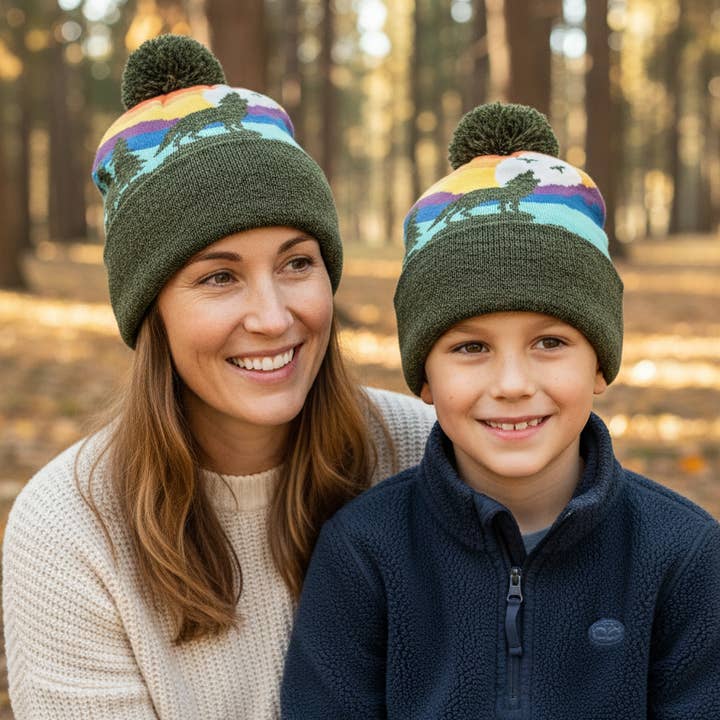 Kid Wolf Beanie Hat with Pom Pom Mountain Sunset Knit Cap for wholesale by Northern Icons Creations INC