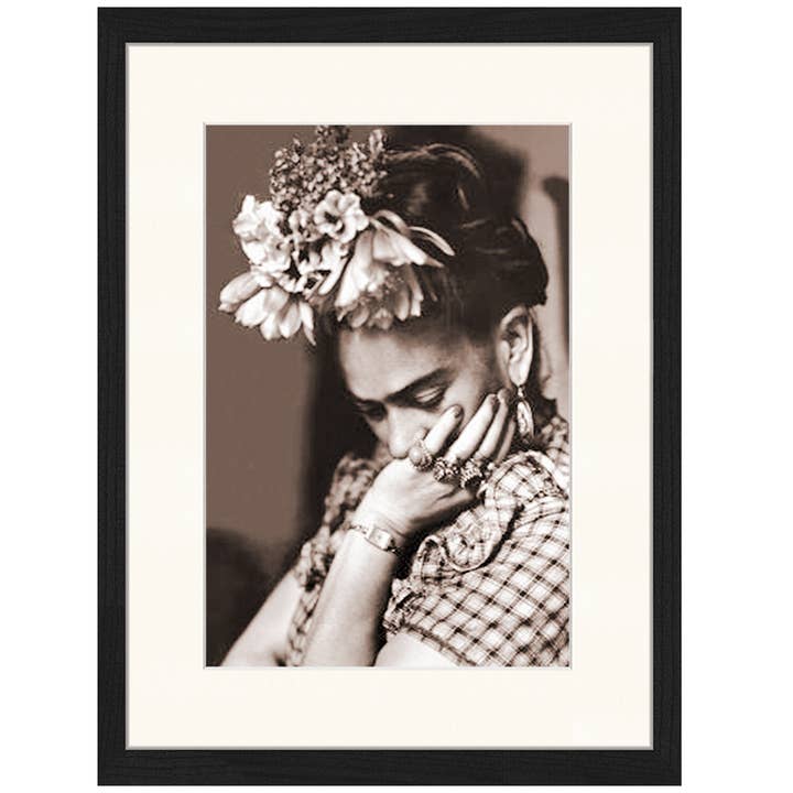 Black Frida Kahlo image. Wall art print with frame. for wholesale on Faire