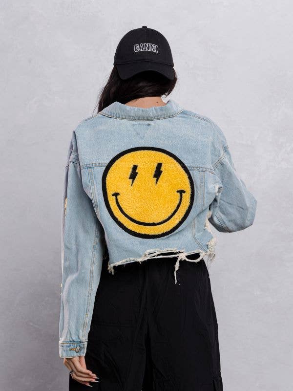 Trio Urban - Vente Veste en jean – femme - Veste courte en jean jaune Smiley Face7